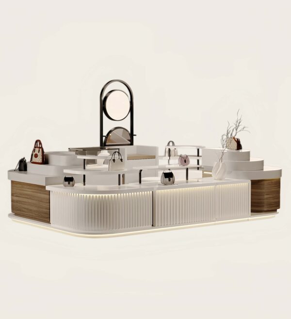 White background render of custom handbag retail kiosk, shopping mall bag display stand, Lexio Display