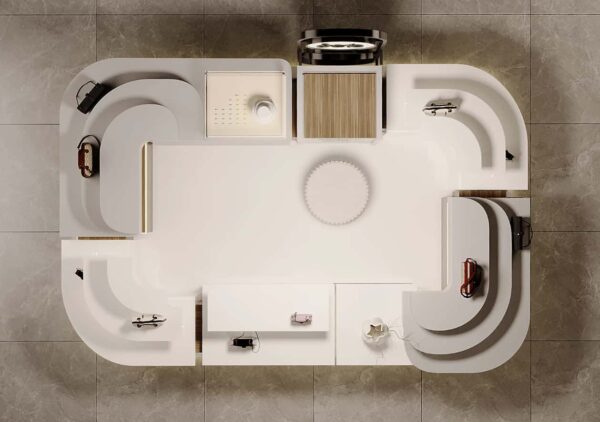 Top-down floor plan layout of curved mall handbag kiosk, overhead view of retail display booth