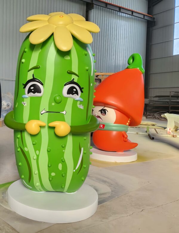 Customized fiberglass display (1) Isolated render of cute green cucumber fiberglass mascot statue, cartoon crying expression, yellow flower and hands on white base