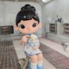Customized fiberglass display (10) Spray booth workshop shot of glossy FRP food IP mascot statue, cute qipao girl holding noodle bowl for noodle restaurant photo spot