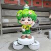 Customized fiberglass display (11) Front view glossy FRP forest children IP statue set, cute chibi nature characters with flower hair decor for eco theme park photo spot decoration