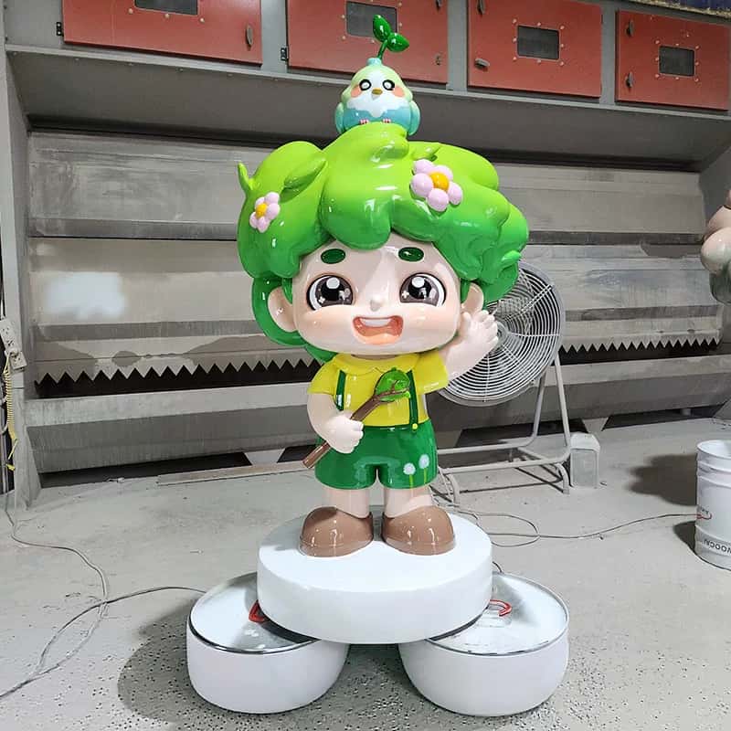 Front view glossy FRP forest children IP statue set, cute chibi nature characters with flower hair decor for eco theme park photo spot decoration