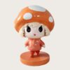 Factory workshop photo of cartoon mushroom girl fiberglass mascot sculpture, orange spotted mushroom hat, cute big-eyed character standing on round orange base