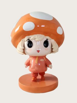 Factory workshop photo of cartoon mushroom girl fiberglass mascot sculpture, orange spotted mushroom hat, cute big-eyed character standing on round orange base