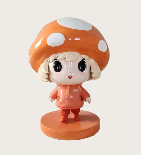 Factory workshop photo of cartoon mushroom girl fiberglass mascot sculpture, orange spotted mushroom hat, cute big-eyed character standing on round orange base