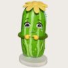 Customized fiberglass display (15) Factory shot cartoon cucumber fiberglass mascot sculpture with crying face, yellow flower on top, paired with red chili character statue in workshop