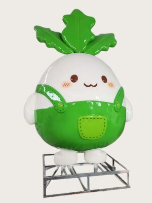 Factory workshop photo of cartoon white radish fiberglass mascot sculpture, cute chibi radish character with green top leaves and green overalls