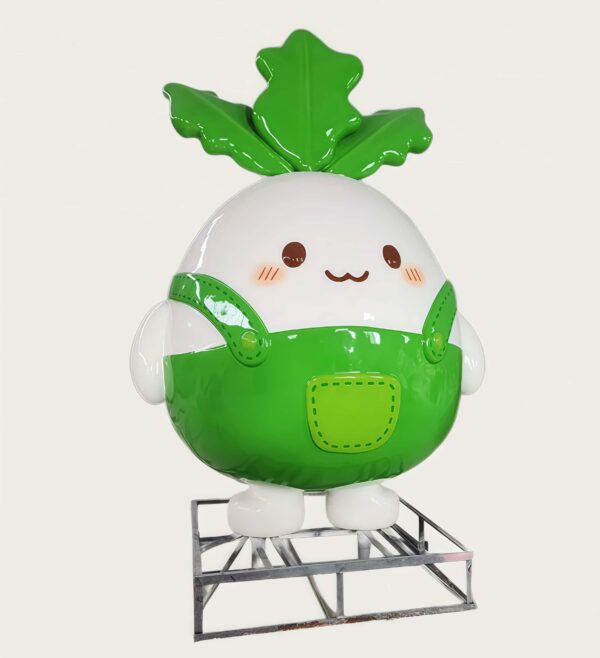 Customized fiberglass display (16) Factory workshop photo of cartoon white radish fiberglass mascot sculpture, cute chibi radish character with green top leaves and green overalls