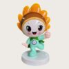 Front view glossy FRP sunflower IP mascot statue, lovely chibi character with blushing cheeks, customized badge logo on chest for school photo corner