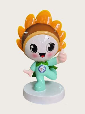 Front view glossy FRP sunflower IP mascot statue, lovely chibi character with blushing cheeks, customized badge logo on chest for school photo corner