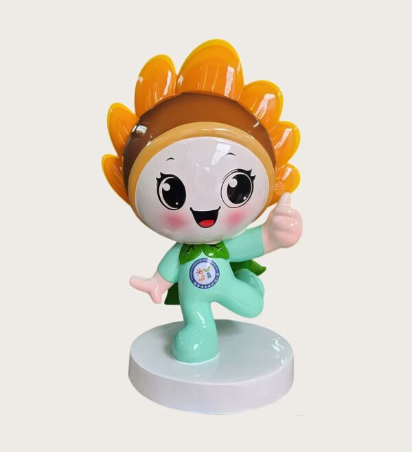 Customized fiberglass display (17) Front view glossy FRP sunflower IP mascot statue, lovely chibi character with blushing cheeks, customized badge logo on chest for school photo corner