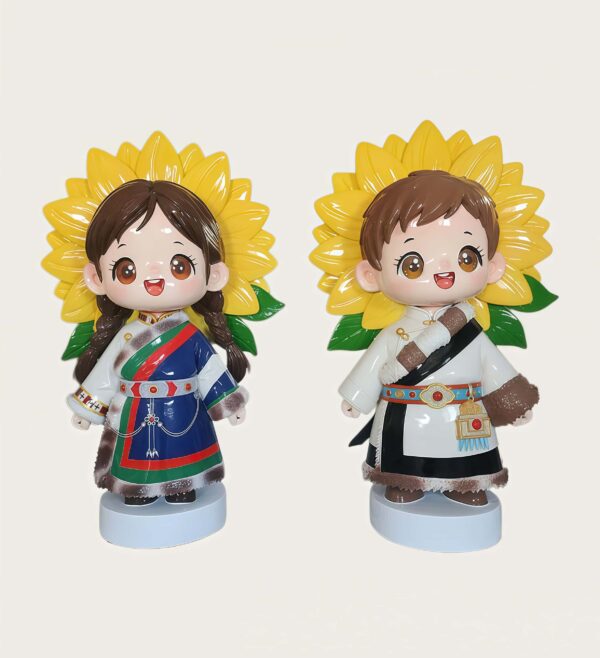 Customized fiberglass display (18) Studio photo of twin ethnic kids fiberglass mascot sculptures, girl and boy in traditional ethnic costume with large sunflower backdrop, standing on light blue round bases