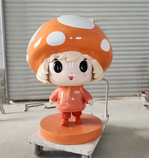 Front view of glossy fiberglass mushroom girl IP statue, orange mushroom cap with white dots, hoodie and backpack, ready for commercial display