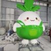 Customized fiberglass display (4) Factory workshop photo of cartoon white radish fiberglass mascot sculpture, cute chibi radish character with green top leaves and green overalls