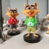 Front view glossy FRP raccoon mascot statue set, anthropomorphic raccoon with smiling face, casual hoodie and shorts for commercial photo spot decoration
