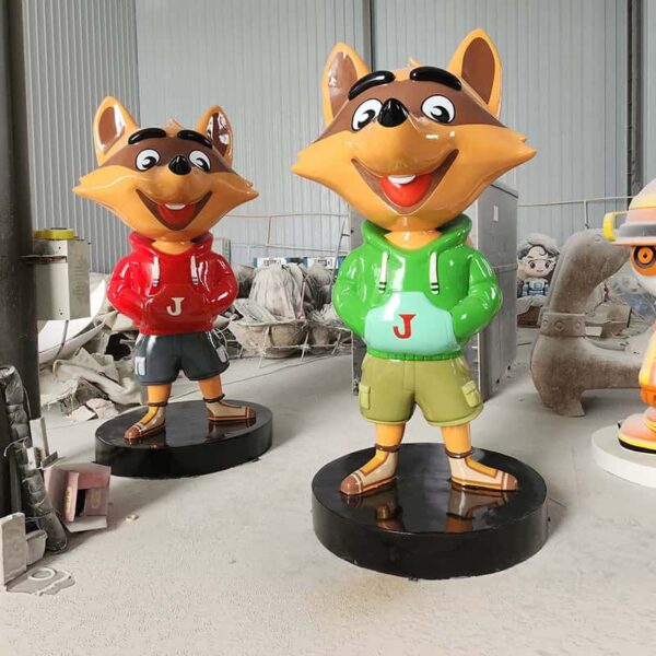 Front view glossy FRP raccoon mascot statue set, anthropomorphic raccoon with smiling face, casual hoodie and shorts for commercial photo spot decoration
