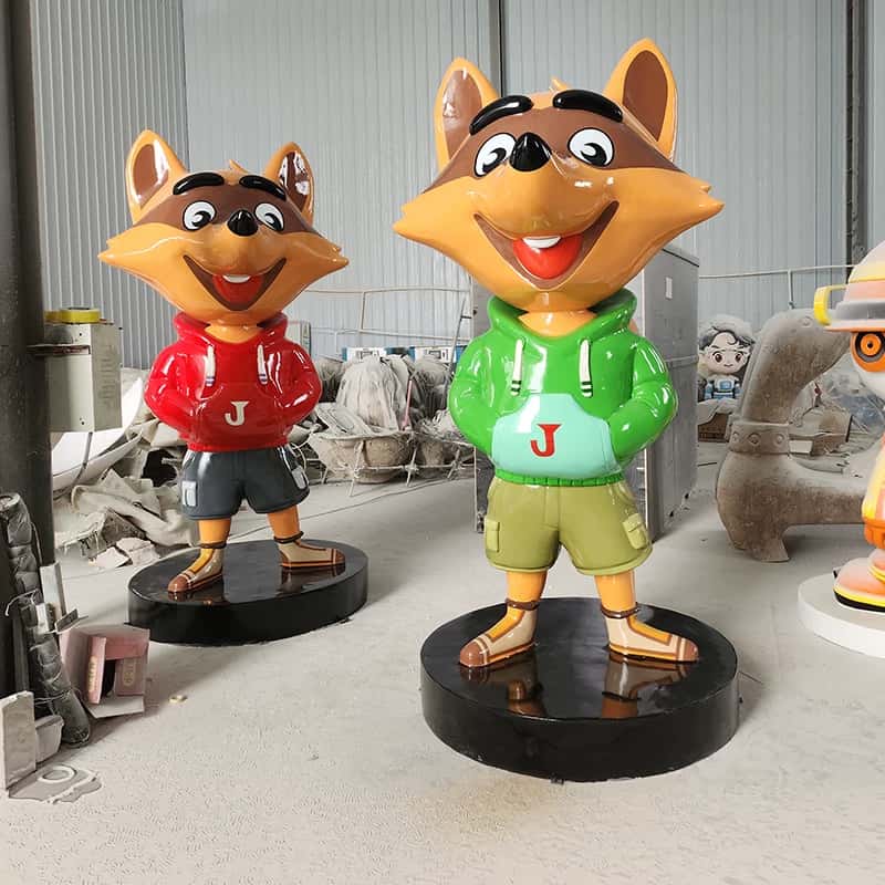 Front view glossy FRP raccoon mascot statue set, anthropomorphic raccoon with smiling face, casual hoodie and shorts for commercial photo spot decoration