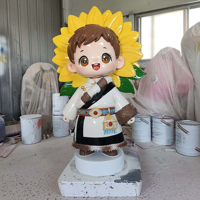 Front view glossy FRP cultural IP statue pair, cute chibi ethnic children with traditional folk clothing and sunflower decor for tourist scenic spot photo corner
