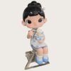 Studio photo of cartoon qipao girl fiberglass mascot sculpture, chibi lady in blue-white cheongsam sitting and holding noodle bowl with chopsticks