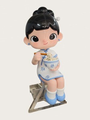 Studio photo of cartoon qipao girl fiberglass mascot sculpture, chibi lady in blue-white cheongsam sitting and holding noodle bowl with chopsticks