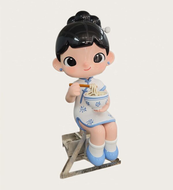 Customized fiberglass display (9) Studio photo of cartoon qipao girl fiberglass mascot sculpture, chibi lady in blue-white cheongsam sitting and holding noodle bowl with chopsticks