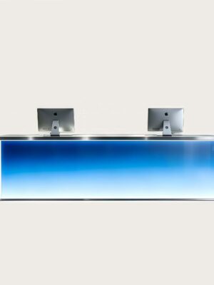 Blue gradient illuminated reception desk, custom commercial front counter for dance school