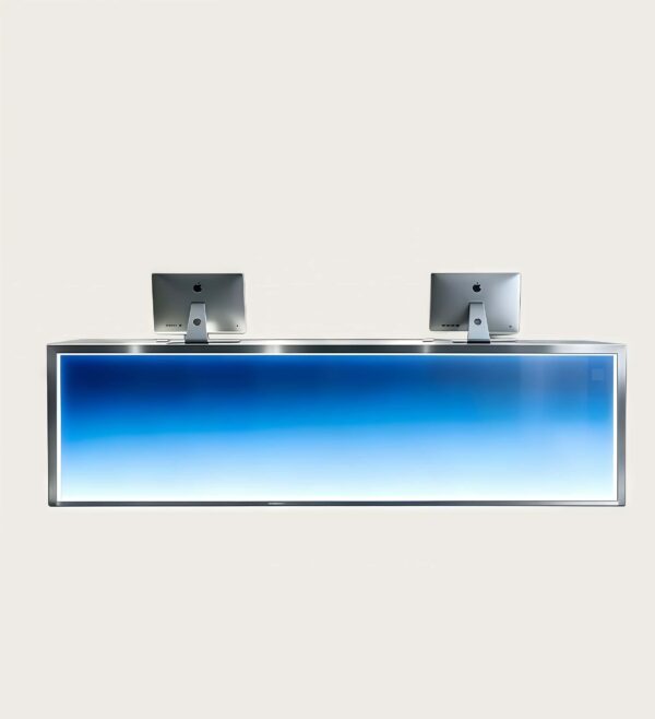 Blue gradient illuminated reception desk, custom commercial front counter for dance school