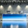 Blue gradient illuminated reception desk, custom commercial front counter for dance school