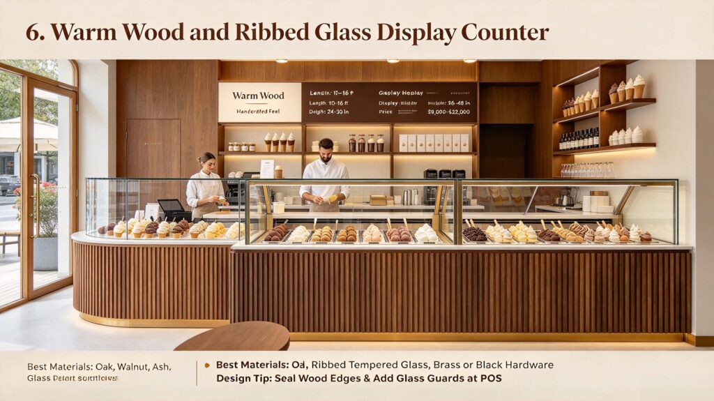 Warm Wood and Ribbed Glass Display Counter