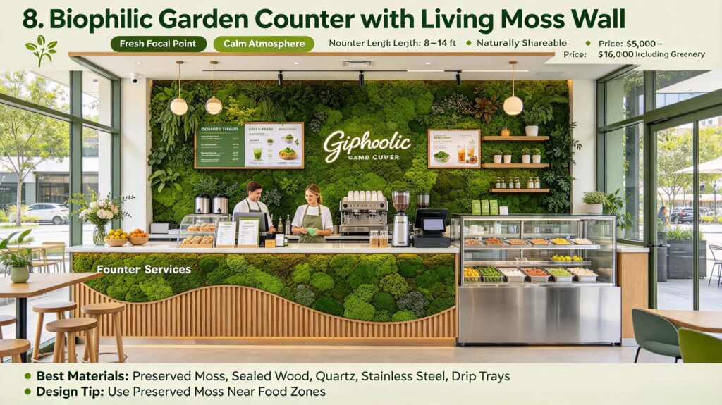 Biophilic Garden Counter with Living Moss Wall