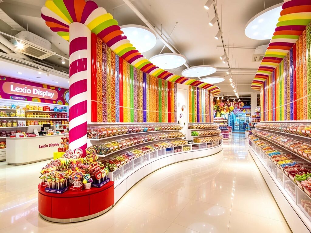 Candy shop interior with colorful curved display counters, rainbow canopies, and custom acrylic candy dispensers.