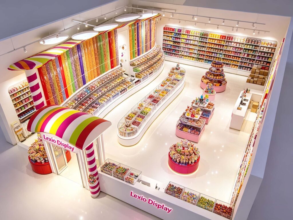 Candy store entrance featuring a custom curved checkout counter, lollipop display island, and Lexio Display signage.