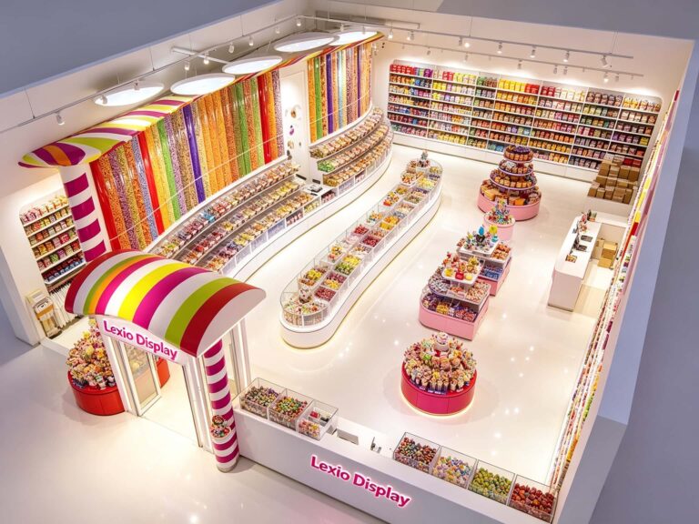 Candy store entrance featuring a custom curved checkout counter, lollipop display island, and Lexio Display signage.