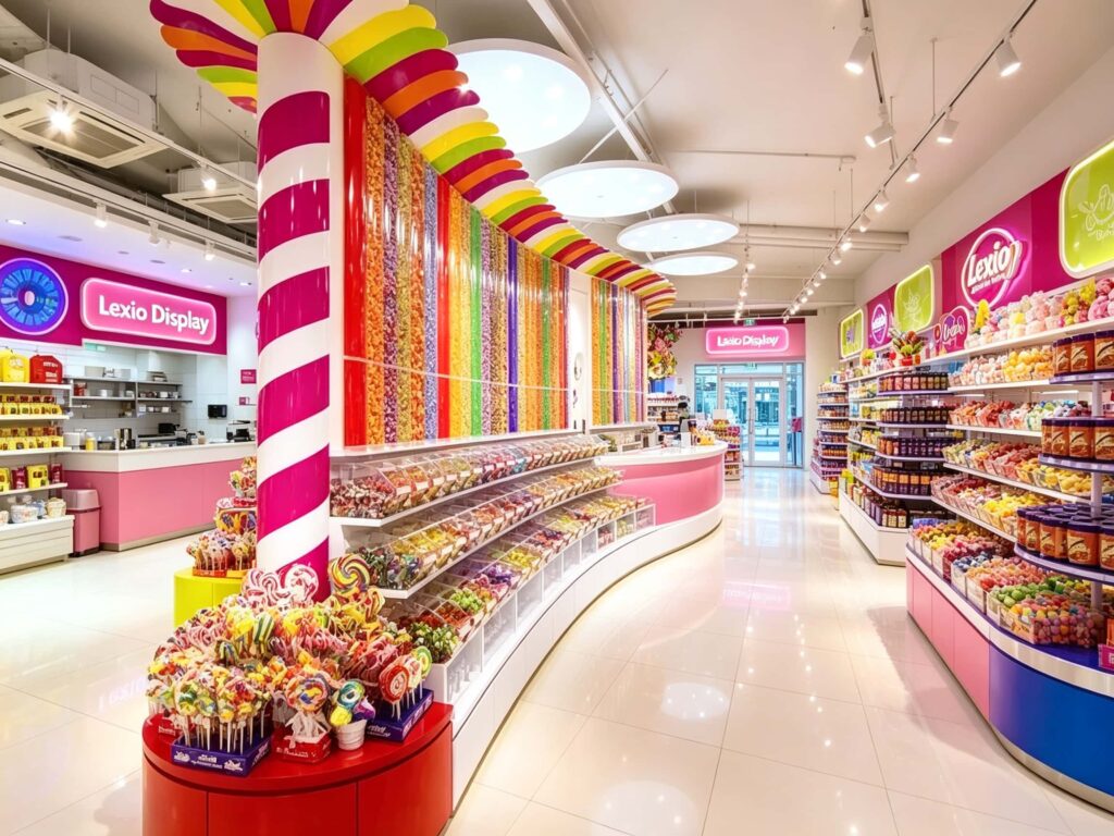 Top-down view of a complete custom candy store design featuring curved display islands and wall shelving.