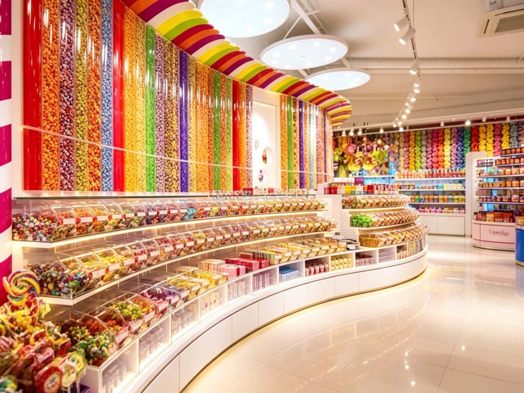 Custom curved candy display counter with acrylic bins and a pink striped pillar in a retail store.