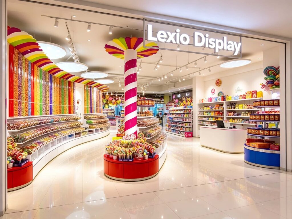 Close-up of custom curved display counter with transparent acrylic gravity bins for candy stores.