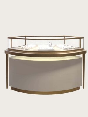 custom curved display cabinet (1) Round curved jewellery display island brushed gold frame cream matte base Lexio Display`