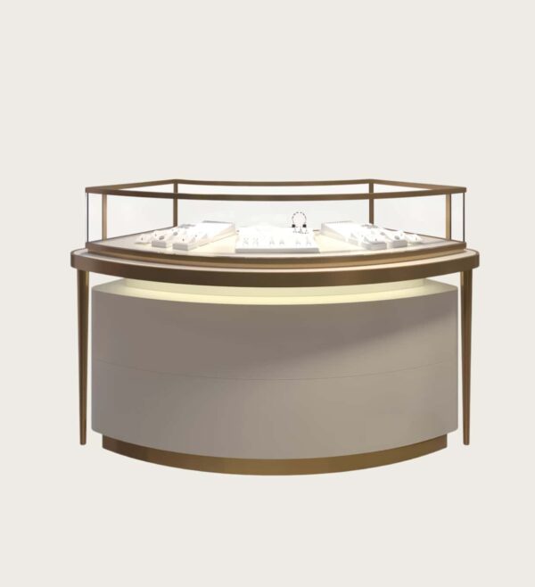Round curved jewellery display island brushed gold frame cream matte base Lexio Display`