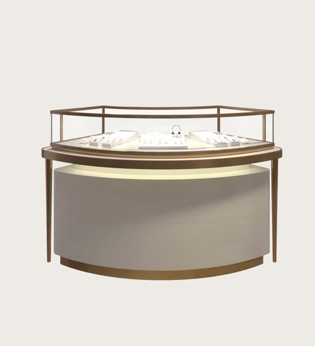 Round curved jewellery display island brushed gold frame cream matte base Lexio Display`