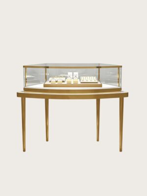 Elevated curved jewelry display table full gold metal frame raised glass jewellery showcase Lexio Display`