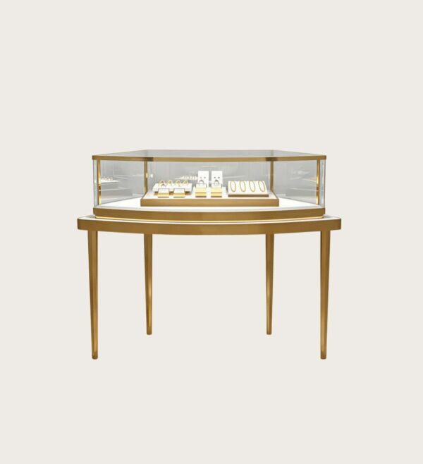 Elevated curved jewelry display table full gold metal frame raised glass jewellery showcase Lexio Display`