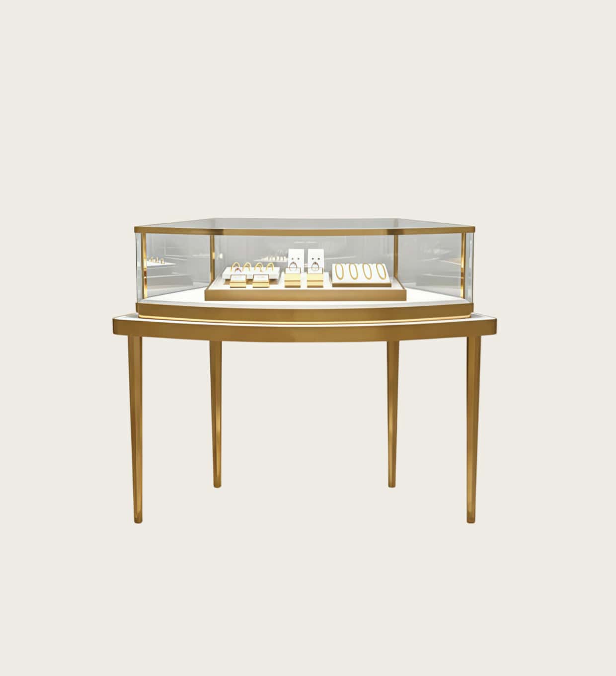 Elevated curved jewelry display table full gold metal frame raised glass jewellery showcase Lexio Display`
