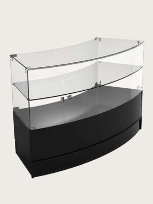 custom curved display cabinet (10) Matte black curved retail showcase cabinet lockable storage base two‑tier glass display Lexio Display`