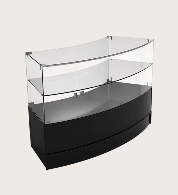 Matte black curved retail showcase cabinet lockable storage base two‑tier glass display Lexio Display`