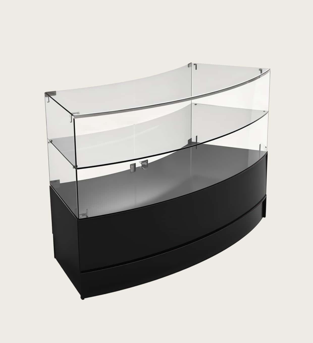 Matte black curved retail showcase cabinet lockable storage base two‑tier glass display Lexio Display`