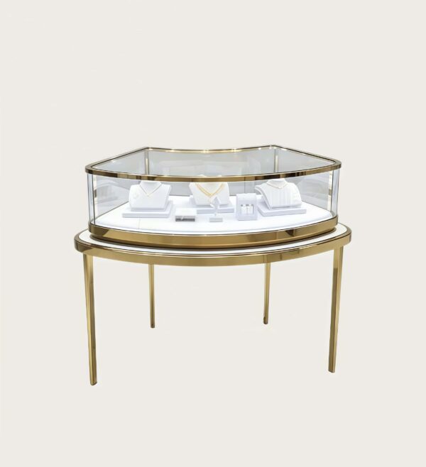 Irregular heart‑shape gold frame jewelry display table glass showcase Lexio Display`
