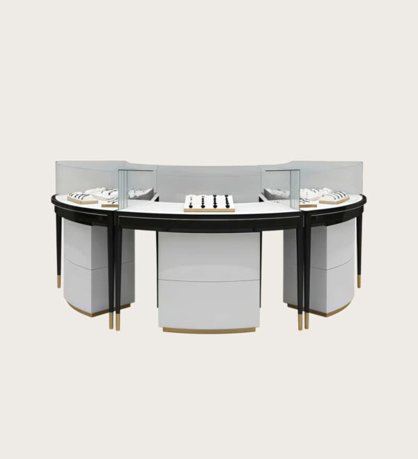 U shape curved jewellery retail counter modular unit with glass top display and closed storage cabinets`
