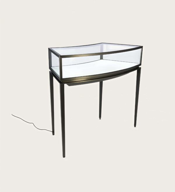 Curved Bow‑Front Black Stainless Steel Open‑Frame Jewelry Store Display Table