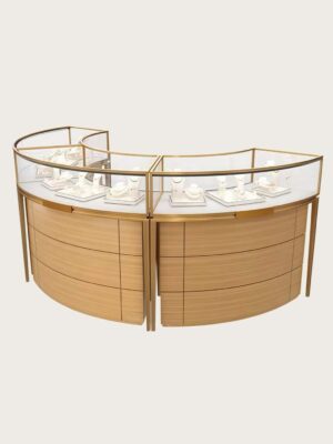 Curved U‑shape luxury jewelry display counter gold frame wood glass retail jewellery showcase Lexio Display