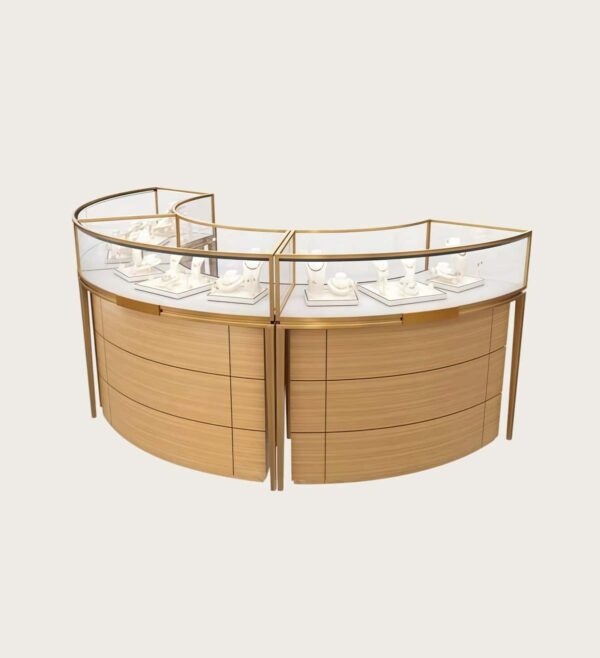 Curved U‑shape luxury jewelry display counter gold frame wood glass retail jewellery showcase Lexio Display